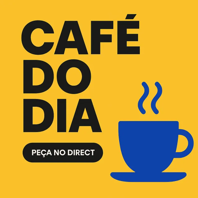 Post de cafeteria em amarelo com a chamada "Café do dia" e o botão "Peça no direct".